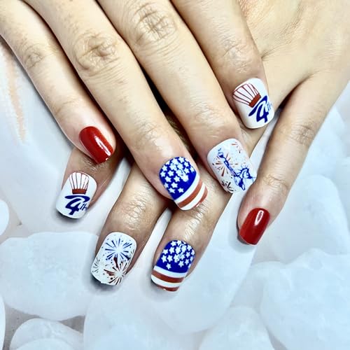 Weixiwuyu 24Pcs Independence Day Press On Nails Short Square Fake Nails 4Th Of July American Flag Star Firework Design False Nails Statue Of Liberty Glue On Nails Full Cover Stick On Nails For Woman Nails Decor thumb #1