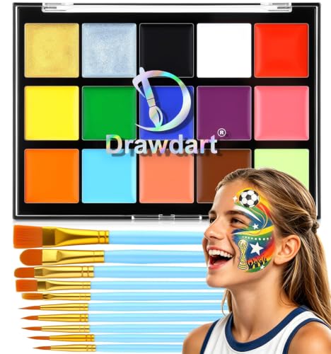 Drawdart Face Body Paint Kit, 15 Colors Palette with 10 Artist Brushes, Facepaint Makeup Kit for Soccer Tournaments & Game Day Fans, Halloween SFX Cosplay Costume Parties