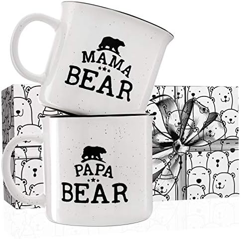 Mama Bear Papa Bear Mug Set - Stoneware Engraved Campfire Ceramic Mugs, Gift for Parents - White - 15 oz, Retro Coffee Mug, Mama and Papa Gifts