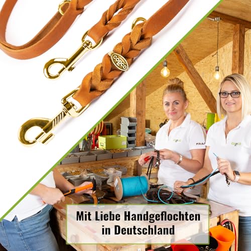 Hundeleine Leder 2m kleine Hunde leicht Fettlederleine [3-Fach Verstellbar] Lederleine geflochten – robuste Leine Hund mit Messingbeschlägen – Führleine Hund & Freihandleine zum Umhängen, Cognac 8mm