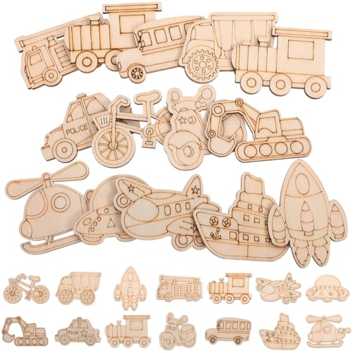 KALLORY Wooden Vehicle Cutouts Truck 50pcs Unfinished Wood Slices DIY Blank Car Vehicle Bicycle Excavator Helicopter Wooden Ornaments Cutout to Paint, 5.00X3.50X0.20CM