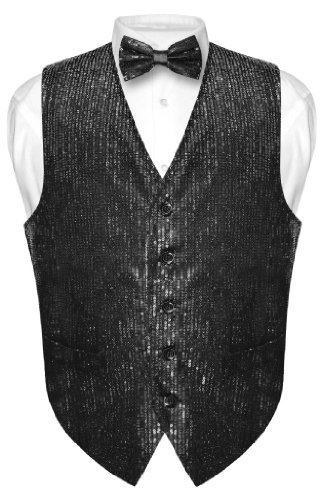 Vesuvio Napoli Men's SEQUIN Design Dress Vest & Bow Tie BLACK Color BOWTie Set for Suit Tux