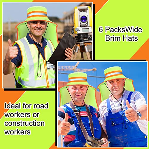 6 Pcs Reflective Sun Hat High Visibility Neck Flap Boonie Hat Wide Brim Safety Work Hats Breathable Bucket Cap For Men Women Worker (Yellow) #TOP5