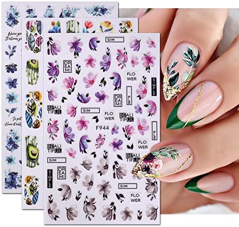 LPOODDNU Flower Nail Decals for Women Fingernail Decorations Nail Art Accessories 8 Sheets Flower Nail Art Stickers Assorted Pattern Spring and Summer Blossom Flowers Stickers Set Manicure Tips Decor