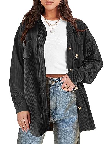 ANRABESS Women Casual Jackets Corduroy Shacket Fall Oversized Button Down Shirts Long Sleeve Casual Loose Cardigan Blouse Coat 1027heise-L, Black (ANRA)