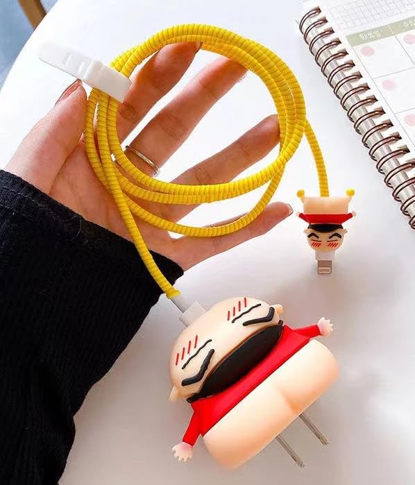 Image of Meyaar Silicone Protective Case for Apple 20W & 18W iPhone USB-C Power Adapter Charger and for USB Lightning Cable, 3D Cartoon Case for iPhone Charger 18W /20W Only (Shin.chan (Red))