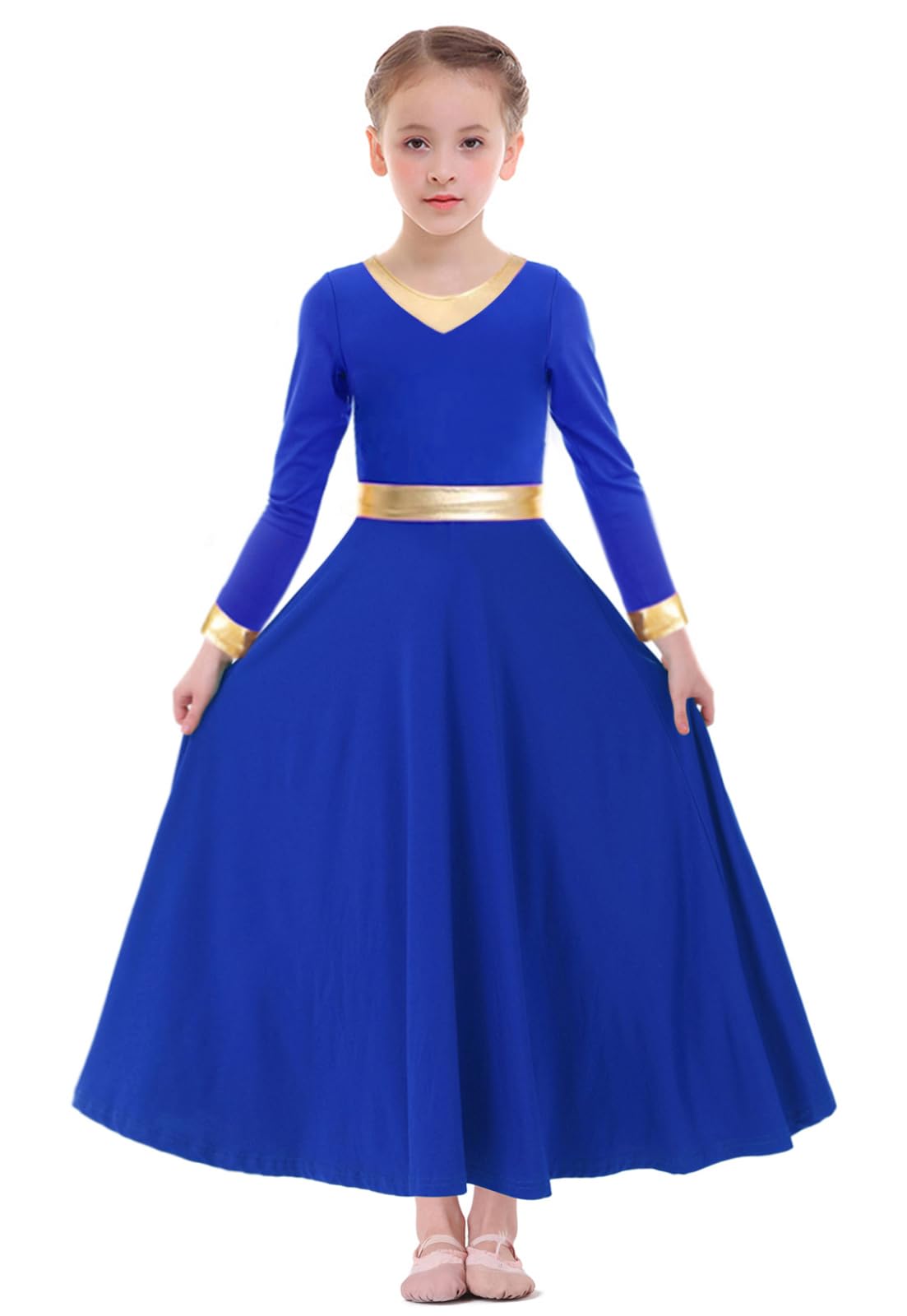 Z&X Girls Praise Dance Outfits Metallic Gold Liturgical Worship Church Robe Full Length Swing Skirt Costume