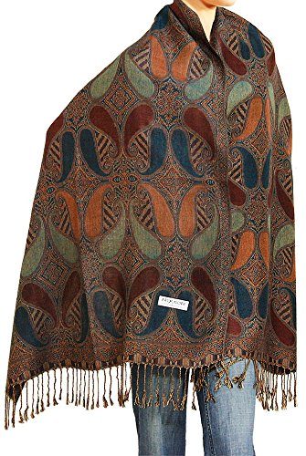 Falari Women's Woven Pashmina Shawl Wrap Scarf 80' x 27' Brown Navy