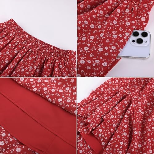 Women's Floral Maxi Skirts High Waist Summer Boho Flowy Ruffle Long Skirt with Pockets Crimson White Floral 2XL — view 6