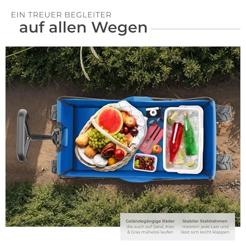 tectake® Faltbarer Bollerwagen, klappbarer Bollerwagen, extra breite Gummireifen, als Einkaufstrolley, Transportwagen, Strandwagen, faltbar und klappbar mit einem Griff, Klappbollerwagen - blau – Bild 4