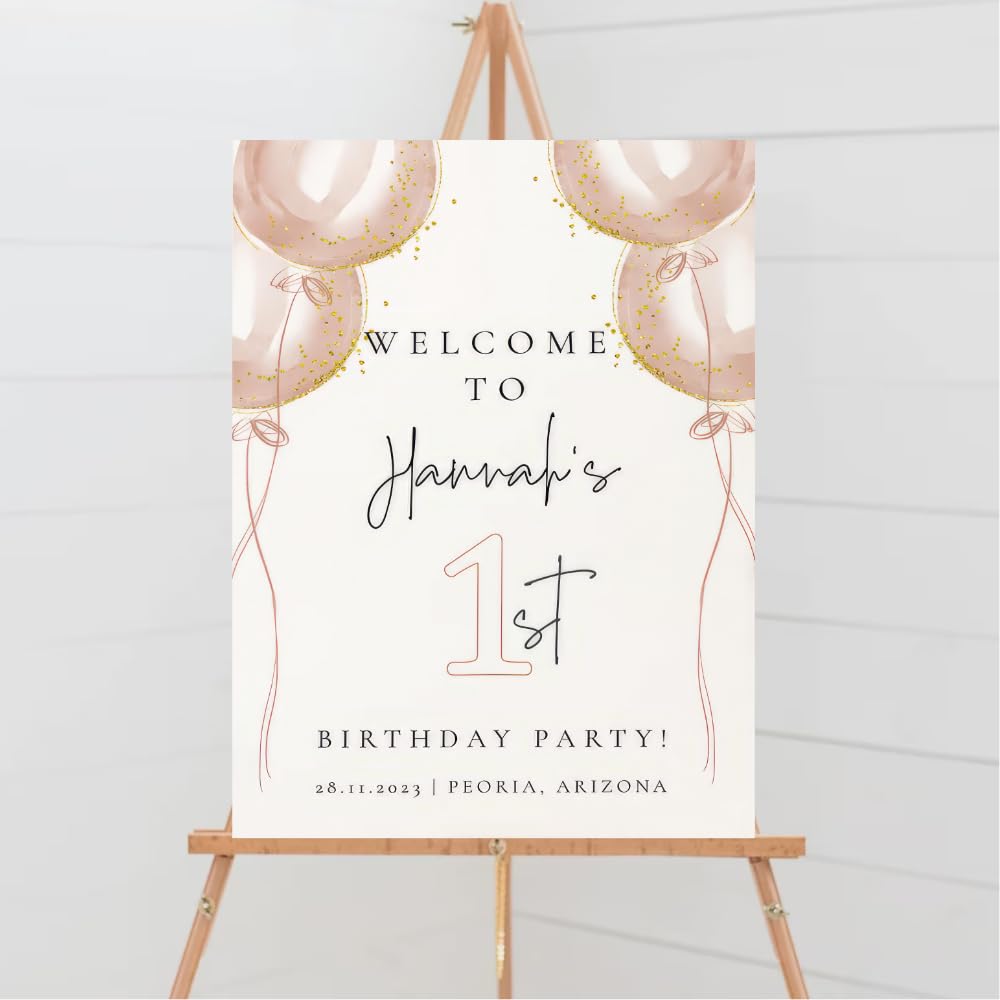 Personalized Welcome Birthday Sign, Pink Balloon First Birthday Welcome Sign, Delicate Girl 1St Welcome Signs, Blush Balloon Welcome, Happy Birthday Decorations