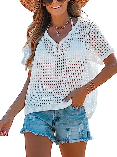 CUPSHE Women's Crochet Cover Up Tops Hollow Out Short Sleeve Swimsuit Coverups Knit Mesh Pullover Top