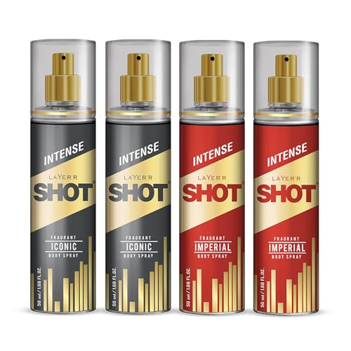 Image of Layer'r Shot Gold Imperial & Gold Iconic Body Spray Combo for Men, Pack of 4 (4x50ml) | Long-Lasting Fresh Ozonic Citrus & Spicy Woody Fragrance | Travel Size Deodorant | IFRA Certified