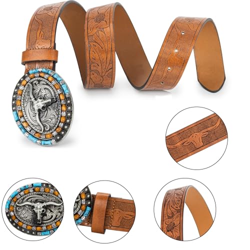 Womens-Western Turquoise Buckles-Belt Cowboy Cowgirl Style PU Leather Belts Vintage Western Waist Belt for Pants3