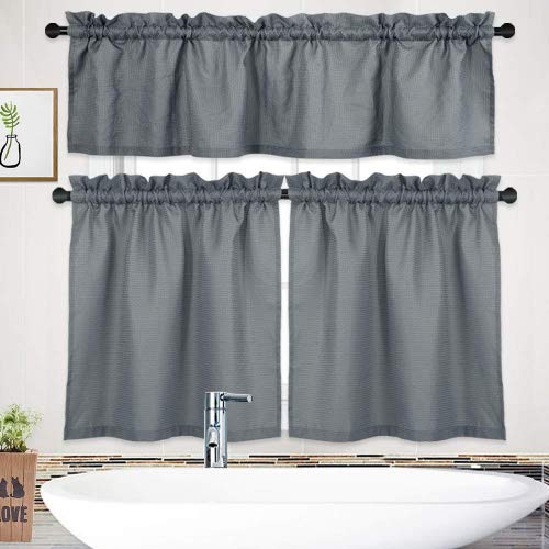 Nanan Kitchen Curtains Set 3 Piece 36 Inch Length, Waffle Weave Textured Tier And Valances Cutains For Bathroom, Waterproof Short Window Treatment Curtains(Grey, 60"*36"+15") #TOP1