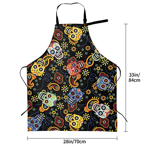 Oplp Cute Sugar Skull Waterproof Apron Paisley Flower Cooking Kitchen Apron Unisex Adjustable Apron #TOP3