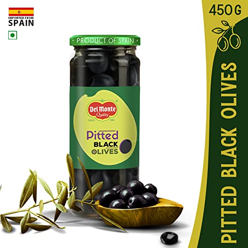 Image of Del Monte Black Pitted Olives 450g l Imported from Spain | 100% Natural | Suitable for Pizza, Pasta Topping, Garnishing Salad, Wraps | Source of Fibre, Gluten Free, No Added Preservative