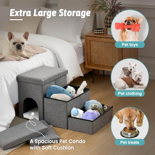 Image of Dog Stairs with Storage, 4-Step Wider Sturdy Dog Steps for Small /Medium /Large Dogs and Older Cats, Doggie Ramp with Condo for Bed /Couch /Car Hold Up to 180 lbs (22.6 inch H, Grey)