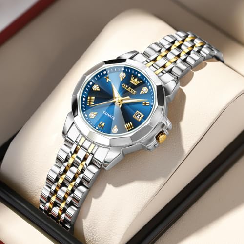 Image of OLEVS Womens Watch Fashion Diamond Analog Gifts Watches for Ladies Quartz Stainless Steel Casual Roman Waterproof Luminous Calendar Wristwatch