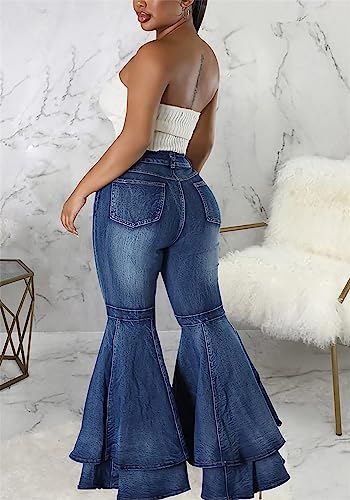 Cute Bell Bottom Jeans for Women High Waist Flare Jeans Patchwork Pleated Layered Ruffle Hem Wide Leg Denim Long Pants4