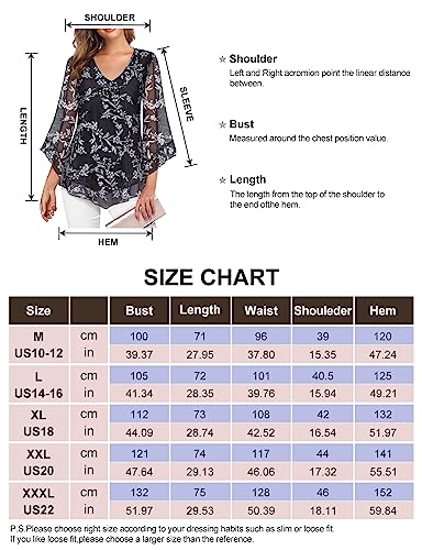 Gemulate Womens Tops Blouses for Women UK V Neck 3/4 Flared Sleeve Shirts for Women UK Chiffon Blouses Ladies Wedding Guest Tops Plus Size Evening Shirts Black, XL - Image 4
