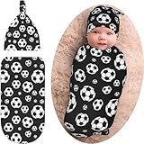 Soccer Print Baby Stuff Newborn Swaddle Blanket Beanie Set, Soft and Stretchy Baby Soccer Outfit Swaddle Sack for Infant Boy and Girl Gift