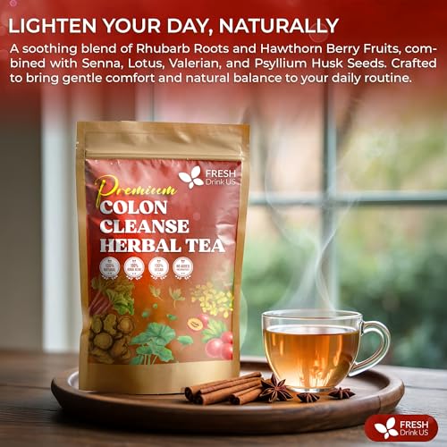 Image of FreshDrinkUS, Premium Colon Cleanse Tea - 60 Tea Bags - Rhubarb Root & Hawthorn Berry with Senna, Lotus Leaf, Valerian Root & Psyllium Husk - Herbal Blend, Caffeine-Free. Vegan