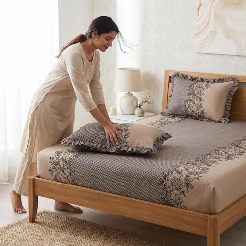 Image of Dream Weaverz- Polycotton Printed Double Bed Size Fitted Elastic Bedsheet,2 Pillow Cover,260 Thread (72 inch x 78 inchx7 inch) Home, Bedroom (Brown Beige, King)