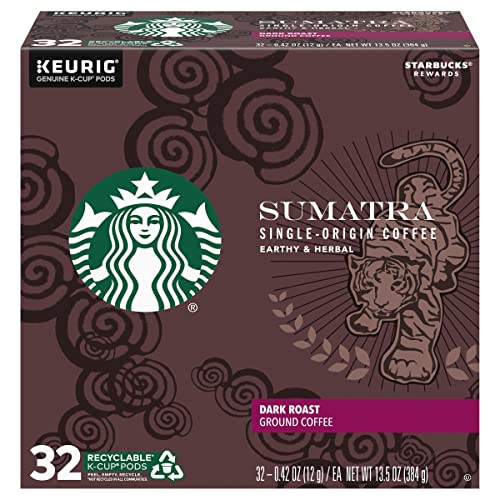 Image of Starbucks Coffee K-Cup Pods, Sumatra Single-Origin Coffee, Dark Roast Ground Coffee, Keurig Genuine K-Cup Pods, 32 CT K-Cup Pods Per Box (Pack of 3)