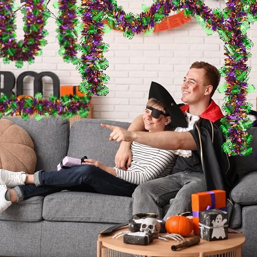 Image of 50 FT Halloween Tinsel Garland, Glitter Tinsel Garlands with Purple Green Spider and Web, Metallic Holiday Hanging Streamers for Halloween Party Supplies Indoor Outdoor Decor