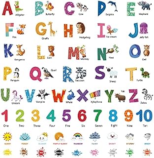 4 Sheets Animal Alphabet Numbers Weather Color Wall Decals Colorful ABC Alphabet Learning Educational Wall Sticker Removable Peel and Stick Wall Décor for Kids Bedroom Nursery Classroom Decorations