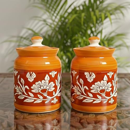 Image of D'Maiolica Ceramic Pickle Kitchen Jars in 1000ml (set of 2) | Handpainted Floral Bale 1 kg Achaar Martban Barni | Ceramic Storage Containers | Jars for Achar, Spices, Salt (Full Yellow Red Floral)