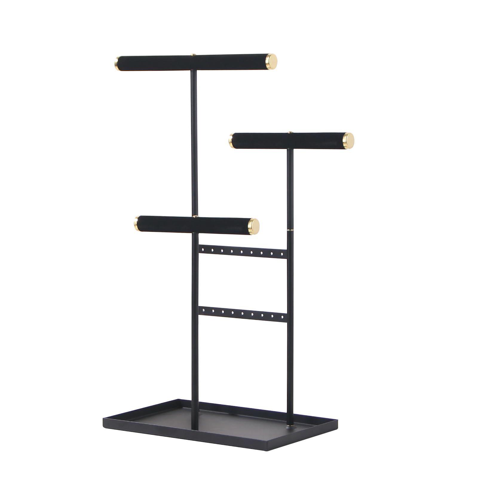 Coward 3 Tier Necklace Bracelet Earring Holder Stand, Jewelry Display Organizer with Tray, Velvet T-Bar Necklace Organizer Stand, Multi-use Metal Jewelry Holder Rack for Men Women (Black)