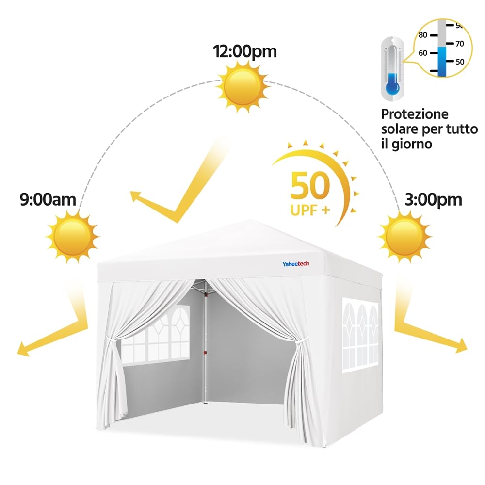 Yaheetech Gazebo da Giardino Tre Altezza Regolabile Tendone Pop-up Pieghevole con Telo Impermeabile con 4 pareti Laterali Tenda Chiuso Festa Esterno Campeggio 3 x 3 M Bianco