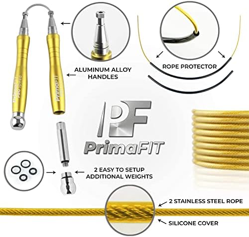 PrimaFIT Pro Speed Skipping Rope Adult Fitness for Men Women Weighted Jump Rope 3m Adjustable Tangle-Free with Self-Locking Non-Slip Handle Boxing Gym MMA Crossfit HIIT Outdoor Workout Fat Loss Spare Steel Cable, Weights, Rope protectors & Carry Bag