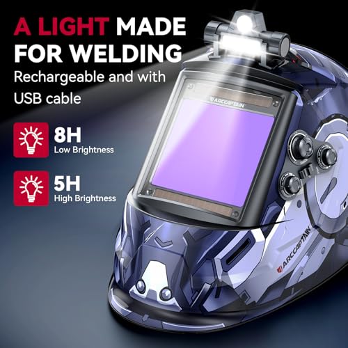 Image of ARCCAPTAIN Large View 3.94 inch x 3.66 inch True Color Auto Darkening Welding Helmet with Light, Solar Powered Welding Hood, 4 Arc Sensor Wide Shade 4 /5-9 /9-13 for Stick MIG TIG Cut, ST