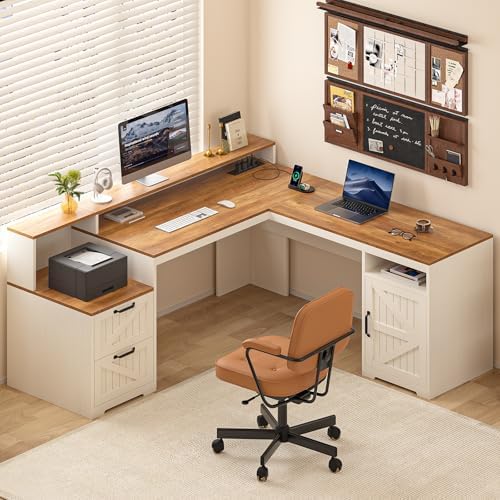 63" Farmhouse L Shaped Executive Desk with Drawers & Storage Shel...