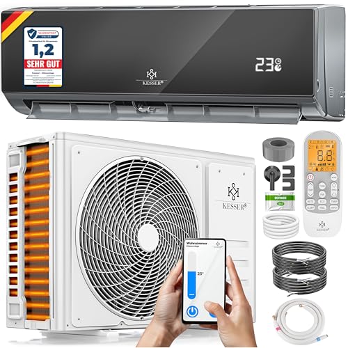 KESSER Klimaanlage Set Split WiFi/App Funktion Klimagerät Kühlen A++/Heizen A+ 18000 BTU/h (5.300W) sehr leise Kältemittel R32 Fernbedienung Timerfunktion Montagematerial Anthrazit