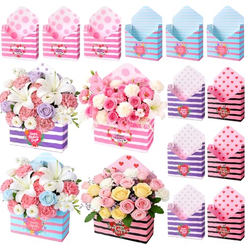 12 Pcs Gifts for Mothers Day Florist Box Mothers Day Bouquet Envelope Boxes Stripe Mother Gifts Floral Envelope Boxes Paper Flower Bouquet Packaging Gift Box Wrapping for Wedding Birthday Party Decoration