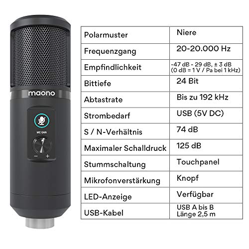 MAONO PM421 - Microfono a condensatore a condensatore con silenziatore monocomando, microfono USB 192KHZ/24BIT e manopola di guadagno microfono per trasmissione, registrazione, gioco, YouTube