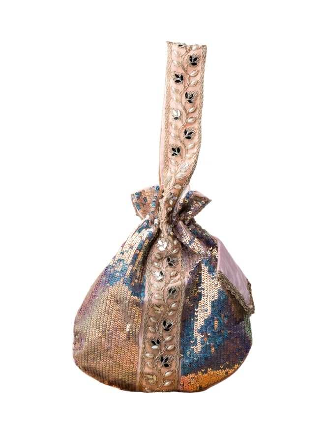 Women's Rainbow Pink Wristlet Potli Bag | Hand Embroidered Silk Potli Bags - Handcrafted for Weddings, Festive Season & Special Occasions with Beads and Sequins - Made in India-image-49