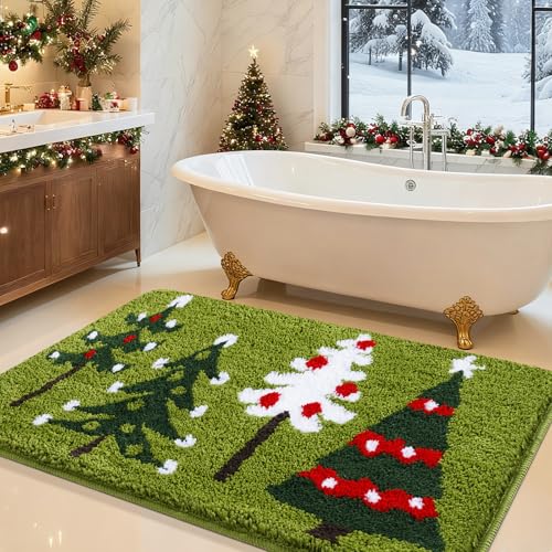 ACCUMTEK Upgraded Waffle Bath MatSuper Absorbent Non-Slip Quick Dry Bathroom Rugs with Tassels 36x24 Green-Xmas Trees