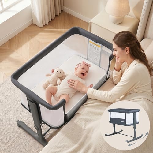 Image of INFANS 3 in 1 Baby Bassinet, Bedside Sleeper for Newborn, Folding Crib with Mattress, Travel Bag, Wheels, 4-Sided Mesh, Easy to Assemble Cradle Co Sleeper Stationary, Rock (Dark Grey)