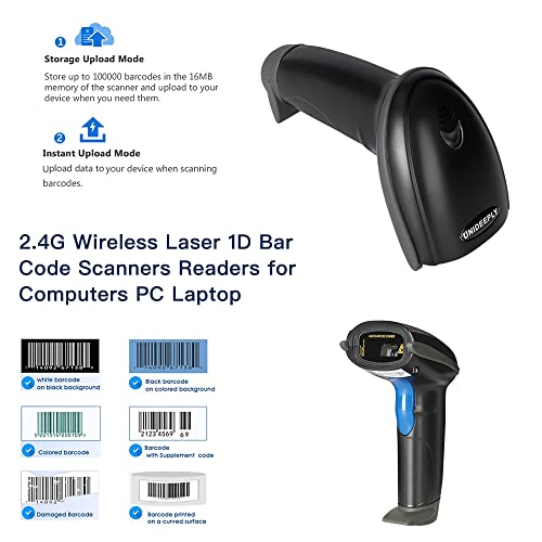 Laser 2.4G Wireless 1D Bar Code Scanners Readers For Computers Pc Laptop, Unideeply Barcode Handheld, Hand Scanning Label Upc Ean Reader Gun Cordless Retails, Black #TOP3