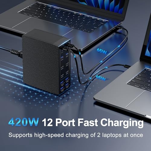 Image of 420W USB C Charger Block, 12-Port USB C Charging Station for Multiple Devices, Leather Texture Dual PD 65W Laptop Fast Charger Compatible with MacBook Pro /Air, iPad, iPhone,Galaxy and More, Black