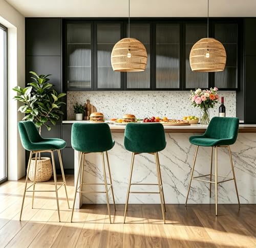 SIZOTA Bar Stools Set of 430 Inch Velvet Counter Height Stools with Backrest Modern Gold Legs Barstools for Kitchen Island Dining Room Bar Green