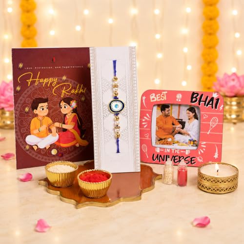Image of Art Street Evil Eye Rakhi Gift Hamper with Personalized Best Bhai Photo Frame, Evil Eye Rakhi, Greeting Card, Roli Chawal & Premium Gift Box | Raksha Bandhan Gift for Brother
