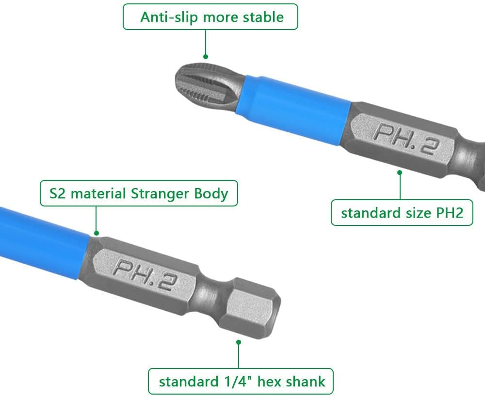 10 Pcs Phillips Bits Ph2 Power Tool，Impact Driver Bit Set, Magnetic Screwdriver Bits ,Set 2 Inch Long Anti Slip Phillips Bits Ph2 , 1/4 Inch Hex Shank 2inch/50mm