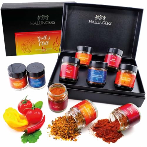 Hallingers Grill & Chill - Gewürz Geschenkset handgemacht, 5 Gewürze aus aller Welt (Set) - Geschenkideen Weihnachten & Geschenke Adventskalender | Neues Zuhause Glückwünsche Freundschaft Genesung