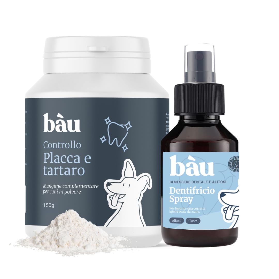 Bàu Kit Igiene Orale Cane Completo – Polvere Antiplacca con Ascophyllum Nodosum + Dentifricio Spray – Rimuove Tartaro, Alito Fresco, Denti e Gengive Sane Senza Spazzolino